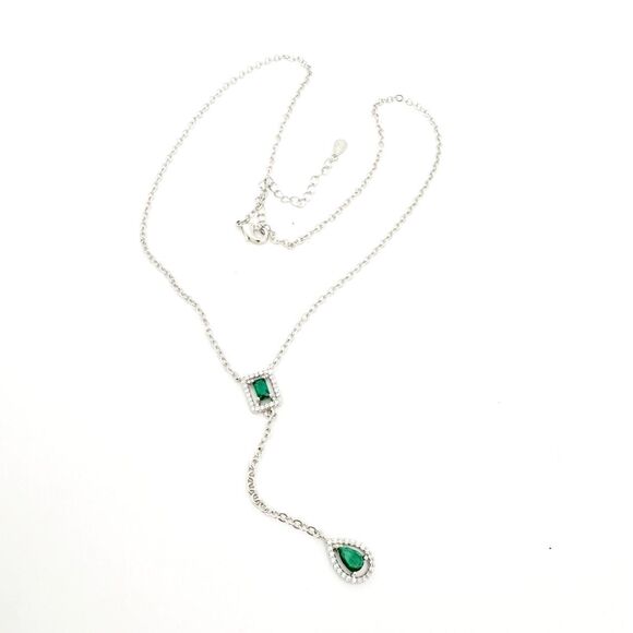 Faux Emerald Pearl and Princess Cut Rhinestone Lariat Necklace - Picture 2 of 6